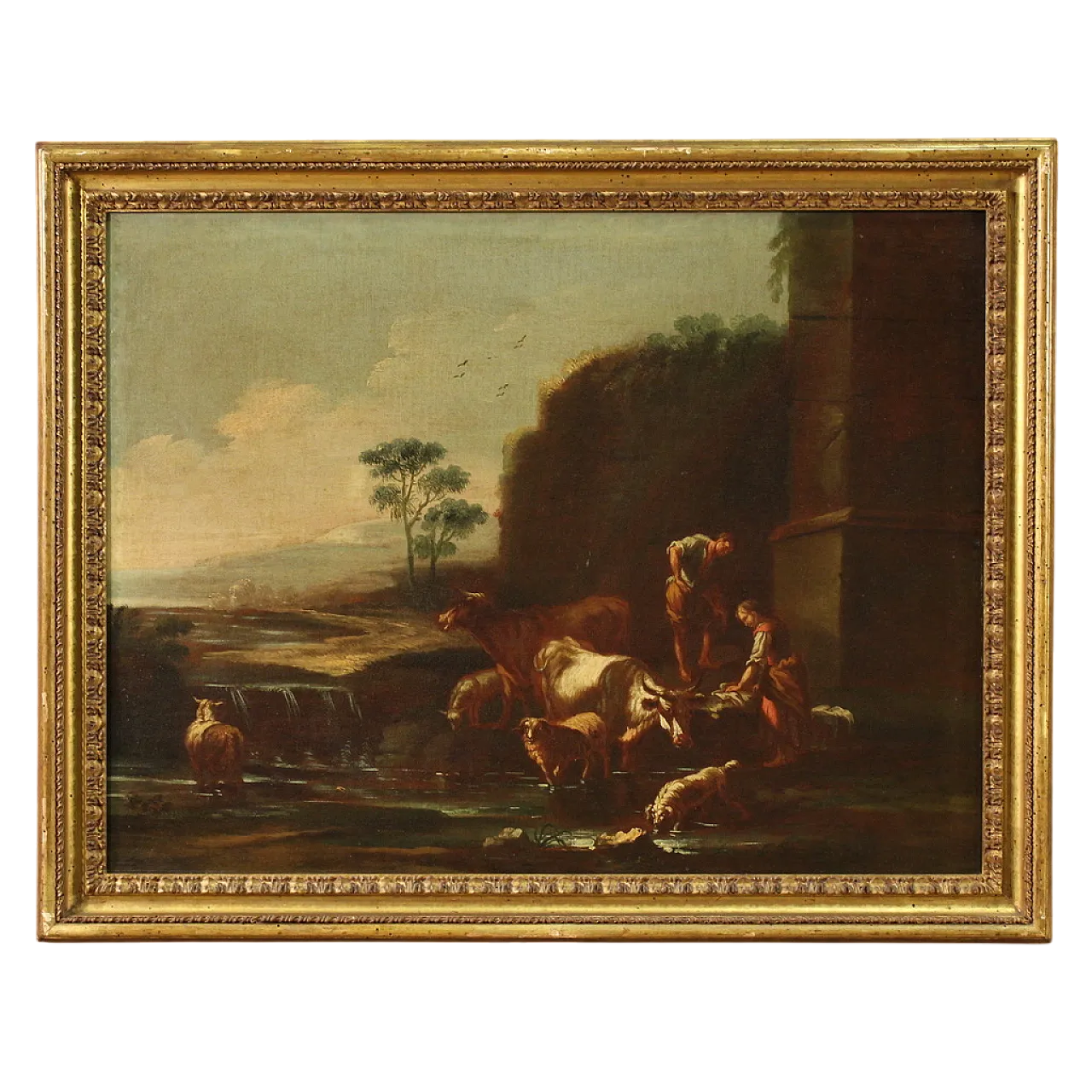 Paesaggio con scena pastorale, olio su tela, scuola romana, '600 17