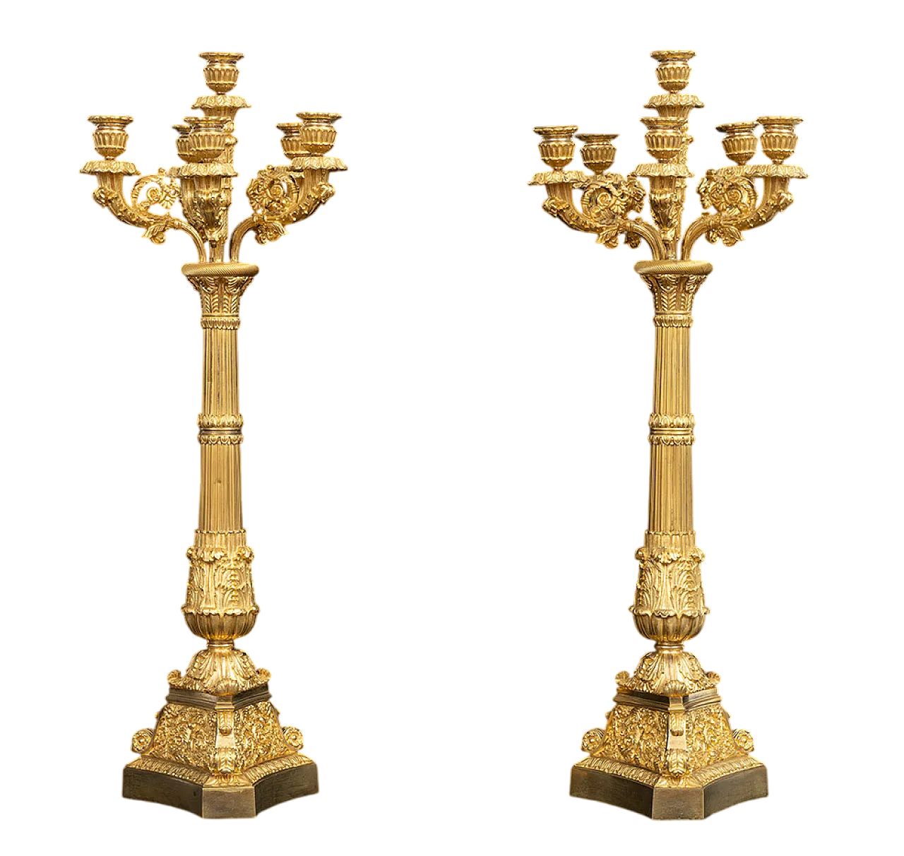 Pair of antique candelabra Charles X with six flames in golden bronze app 6