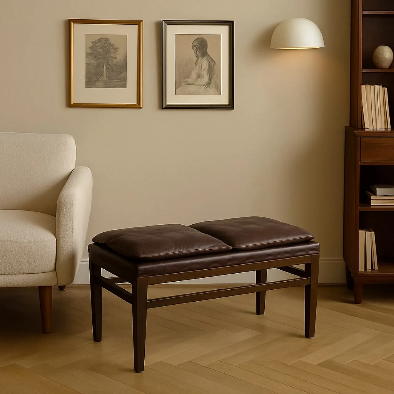 Wood and leatherette bench, 1950s 2
