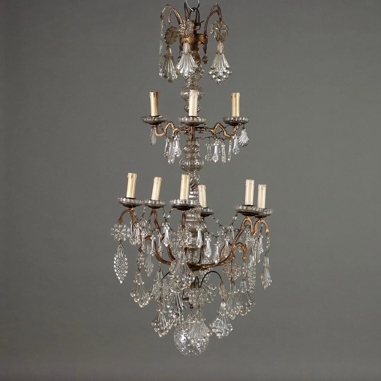 Lampadario in ferro dorato e vetro a 9 luci, '800 1