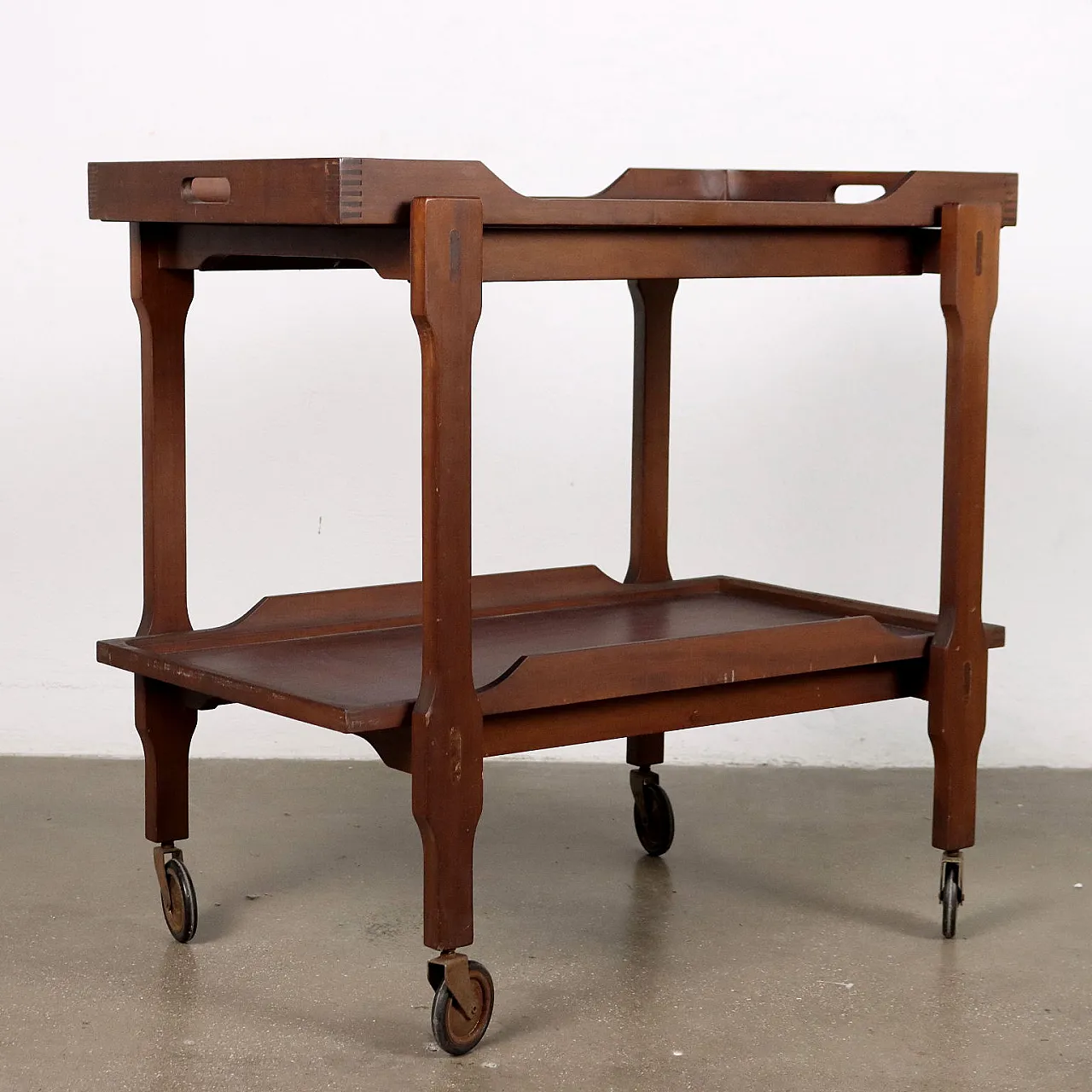 Carrello bar in faggio tinto e impiallacciatura di mogano, anni '60 8