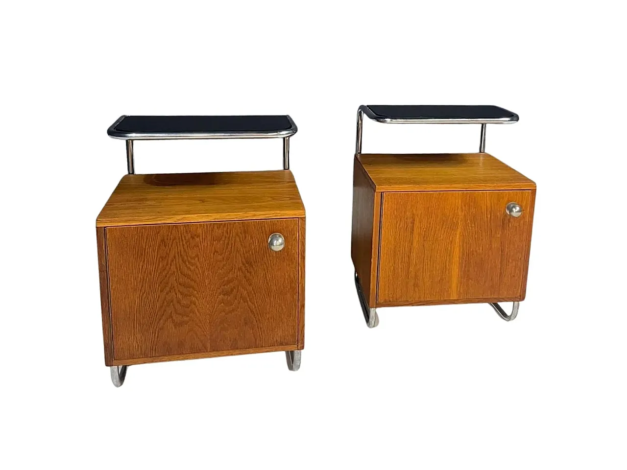 Coppia di comodini stile Bauhaus in cromo e rovere di Kovona, anni '50 1