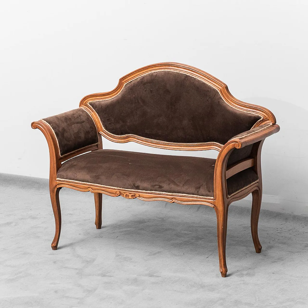 Wooden entrance bench and brown velvet, 50s 1