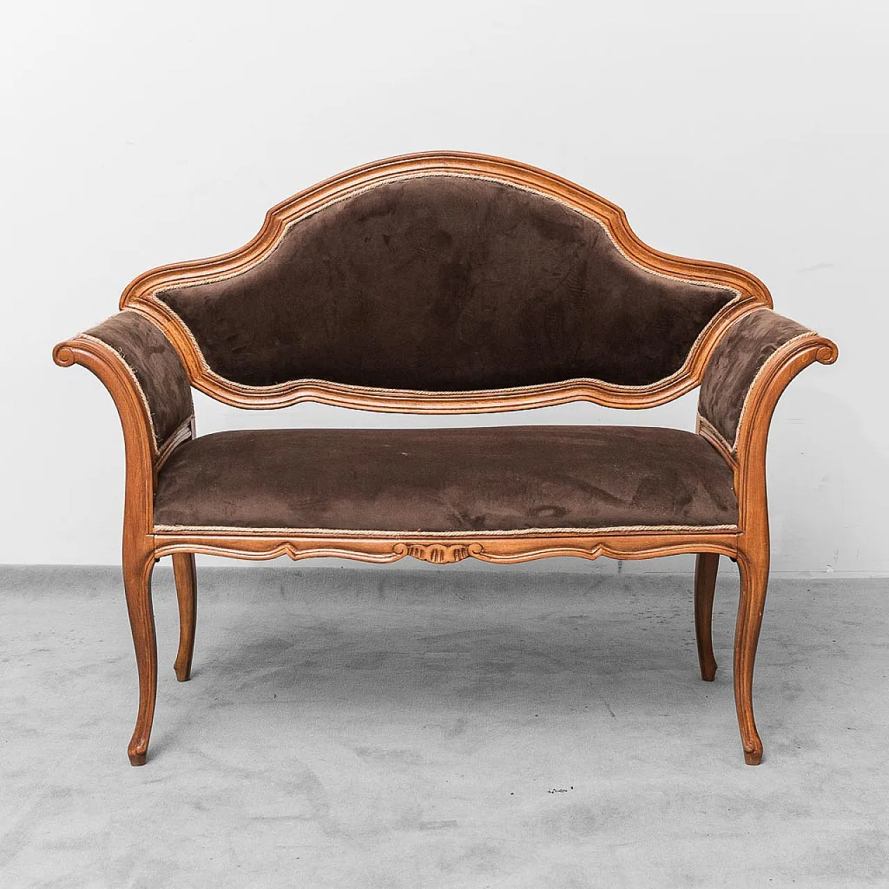 Wooden entrance bench and brown velvet, 50s 2