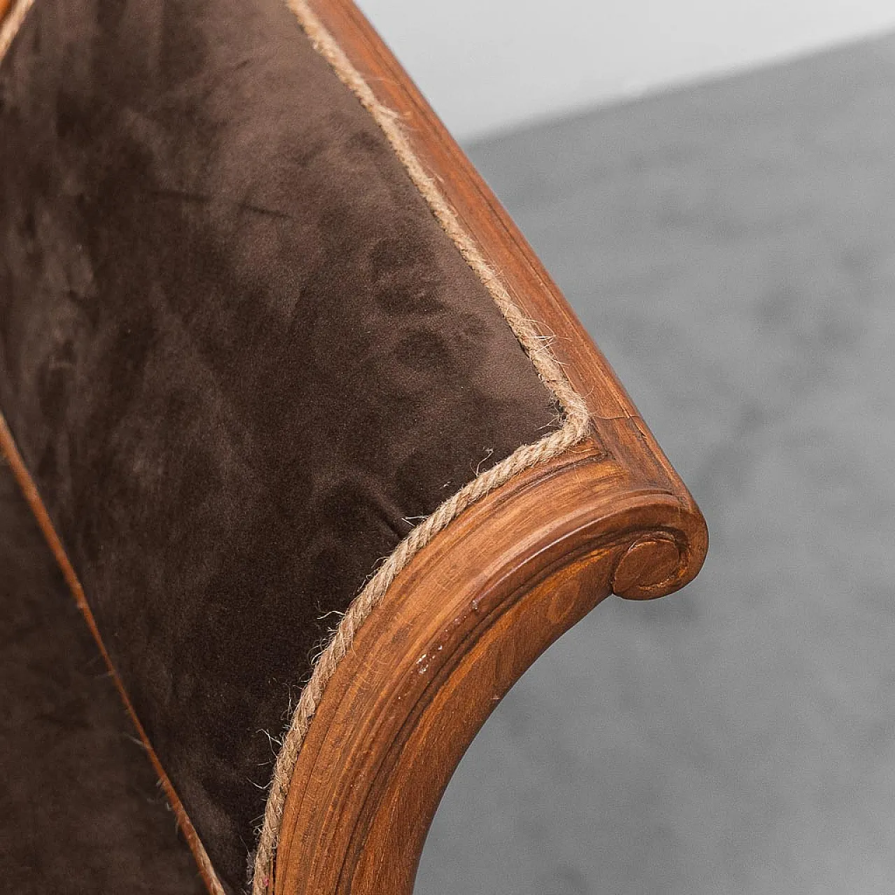 Wooden entrance bench and brown velvet, 50s 3