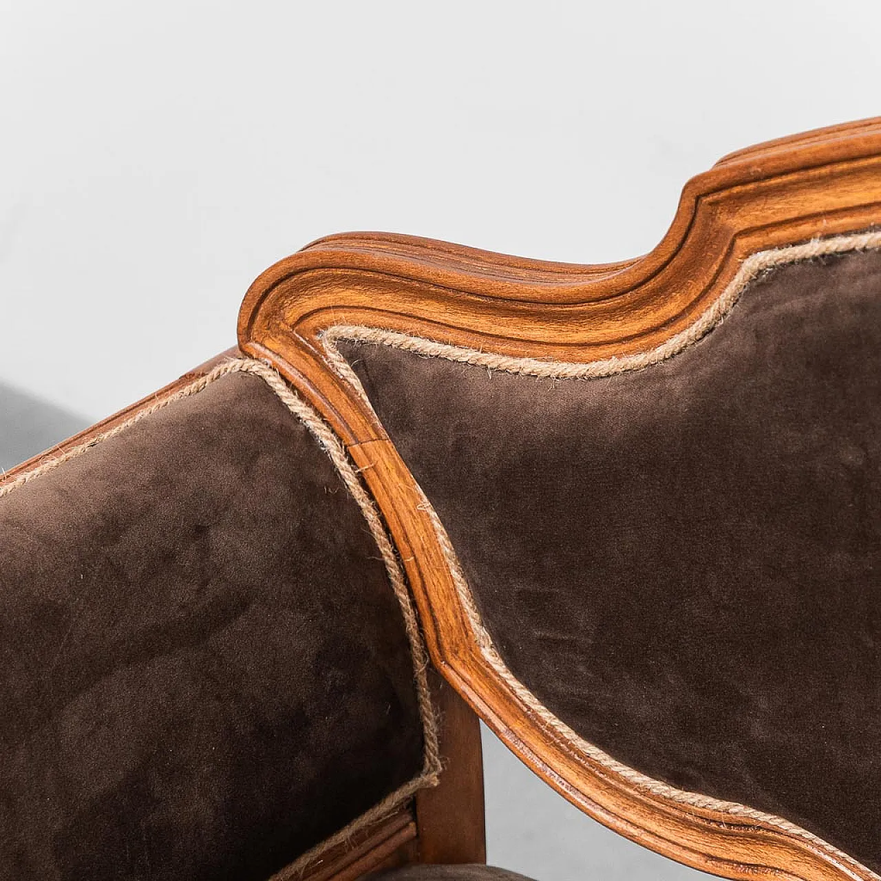 Wooden entrance bench and brown velvet, 50s 4