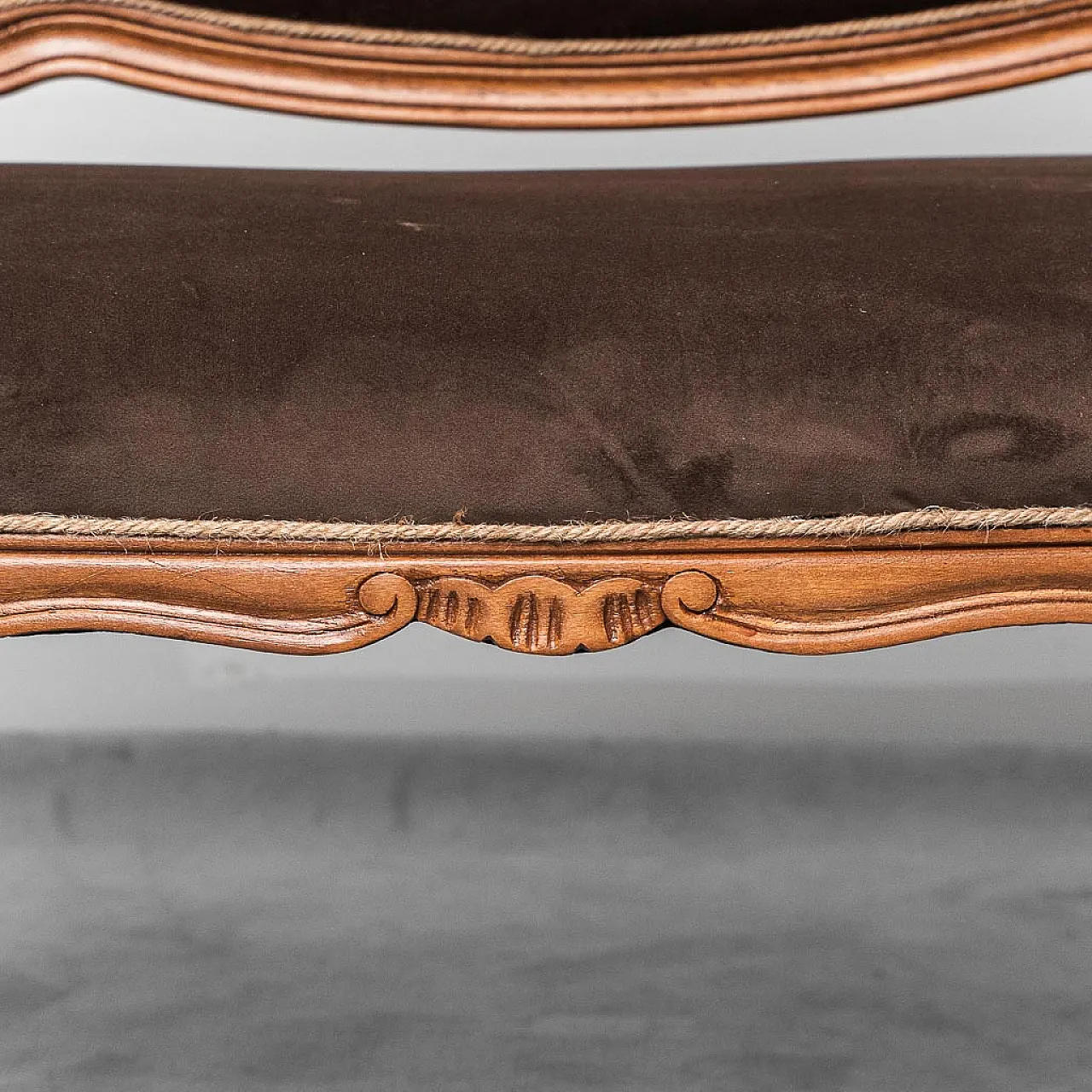 Wooden entrance bench and brown velvet, 50s 5