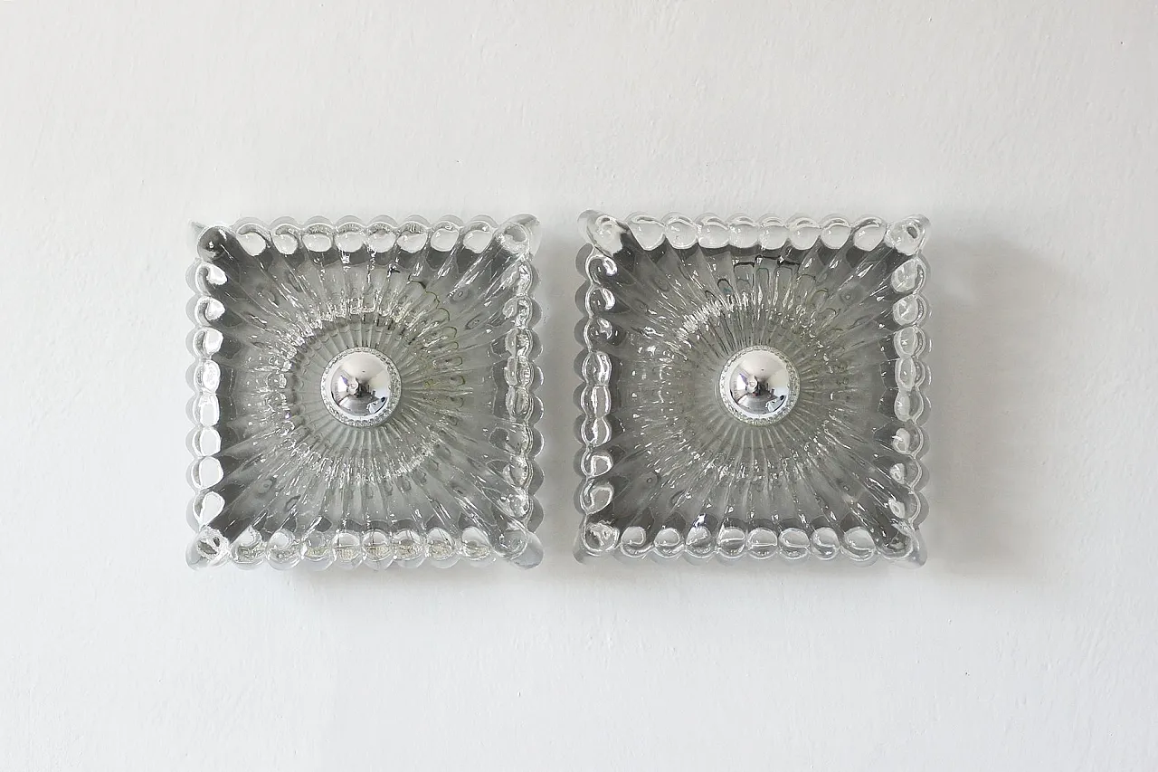 Pair of ice glass crystal wall lamps, 1960s 1