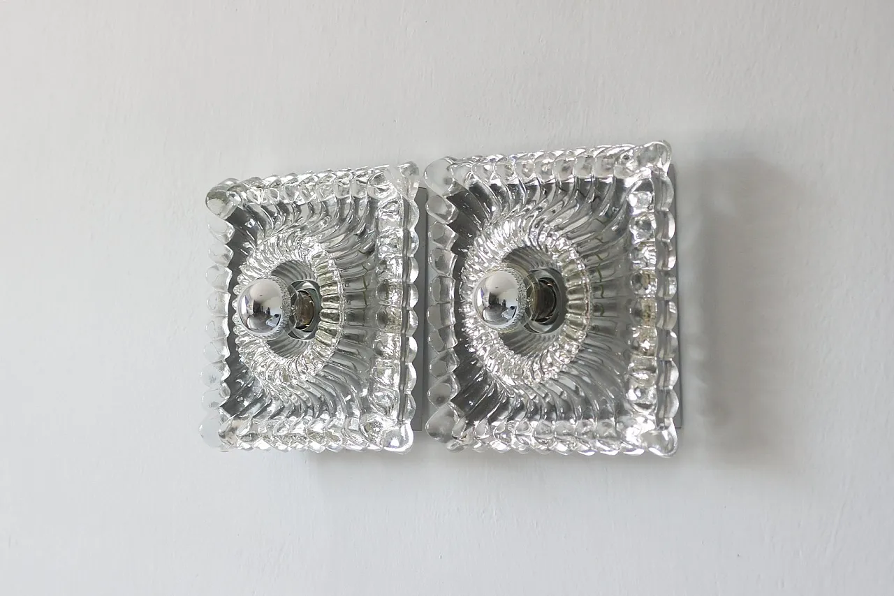 Pair of ice glass crystal wall lamps, 1960s 2