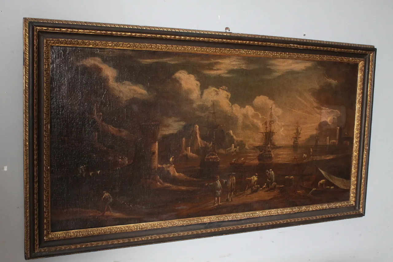 Dipinto Veduta portuale all ‘Alba, olio su tela, '600 1