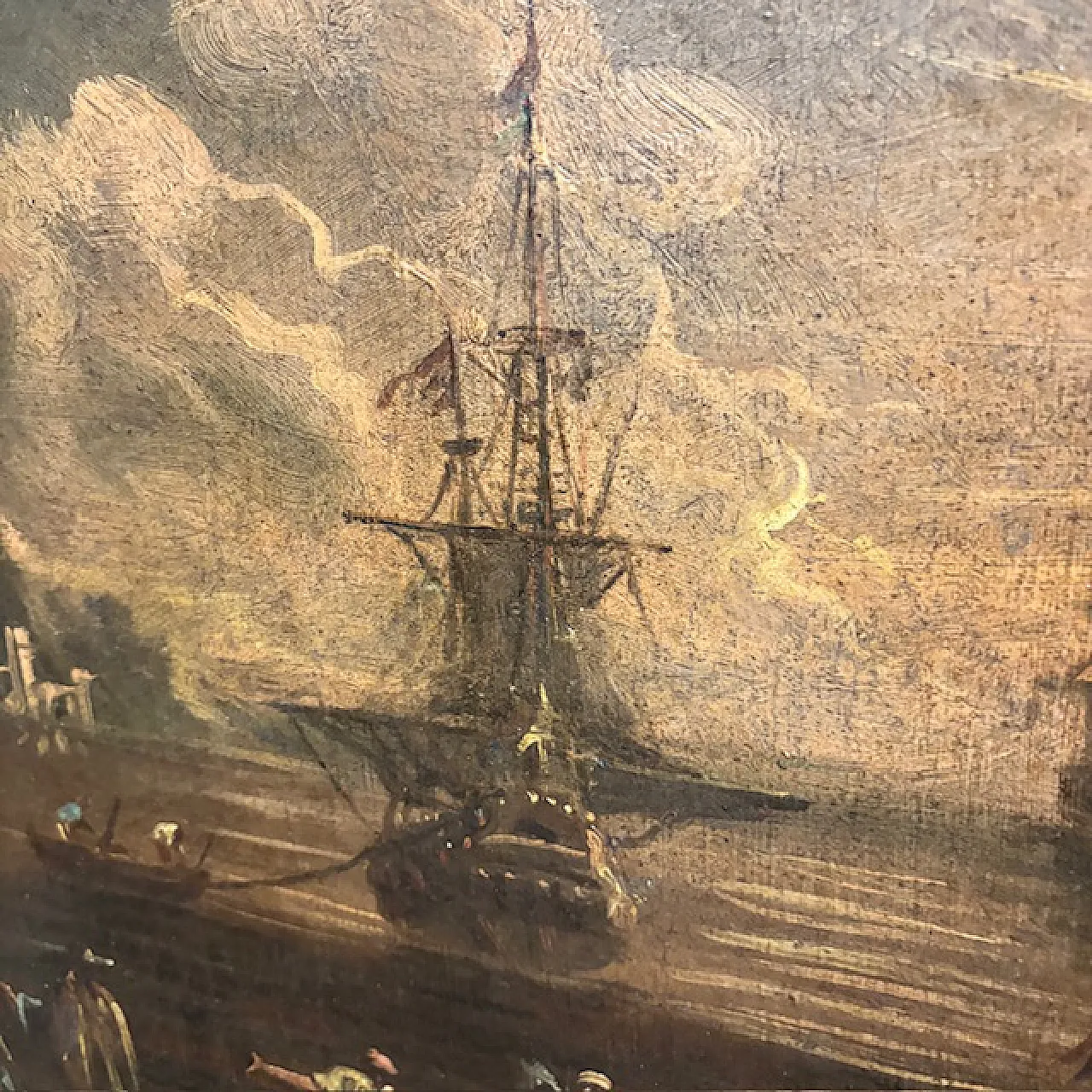 Dipinto Veduta portuale all ‘Alba, olio su tela, '600 8