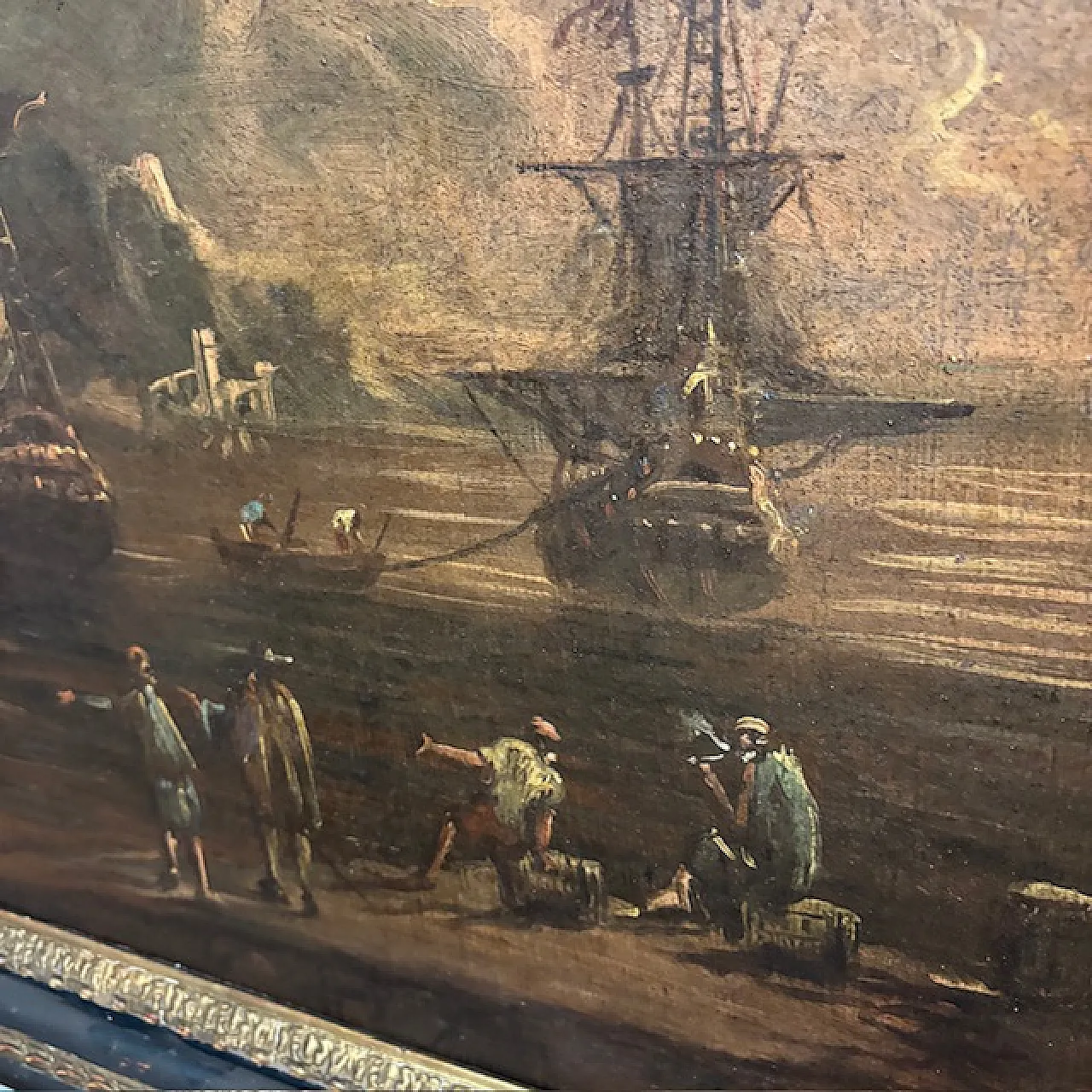 Dipinto Veduta portuale all ‘Alba, olio su tela, '600 9