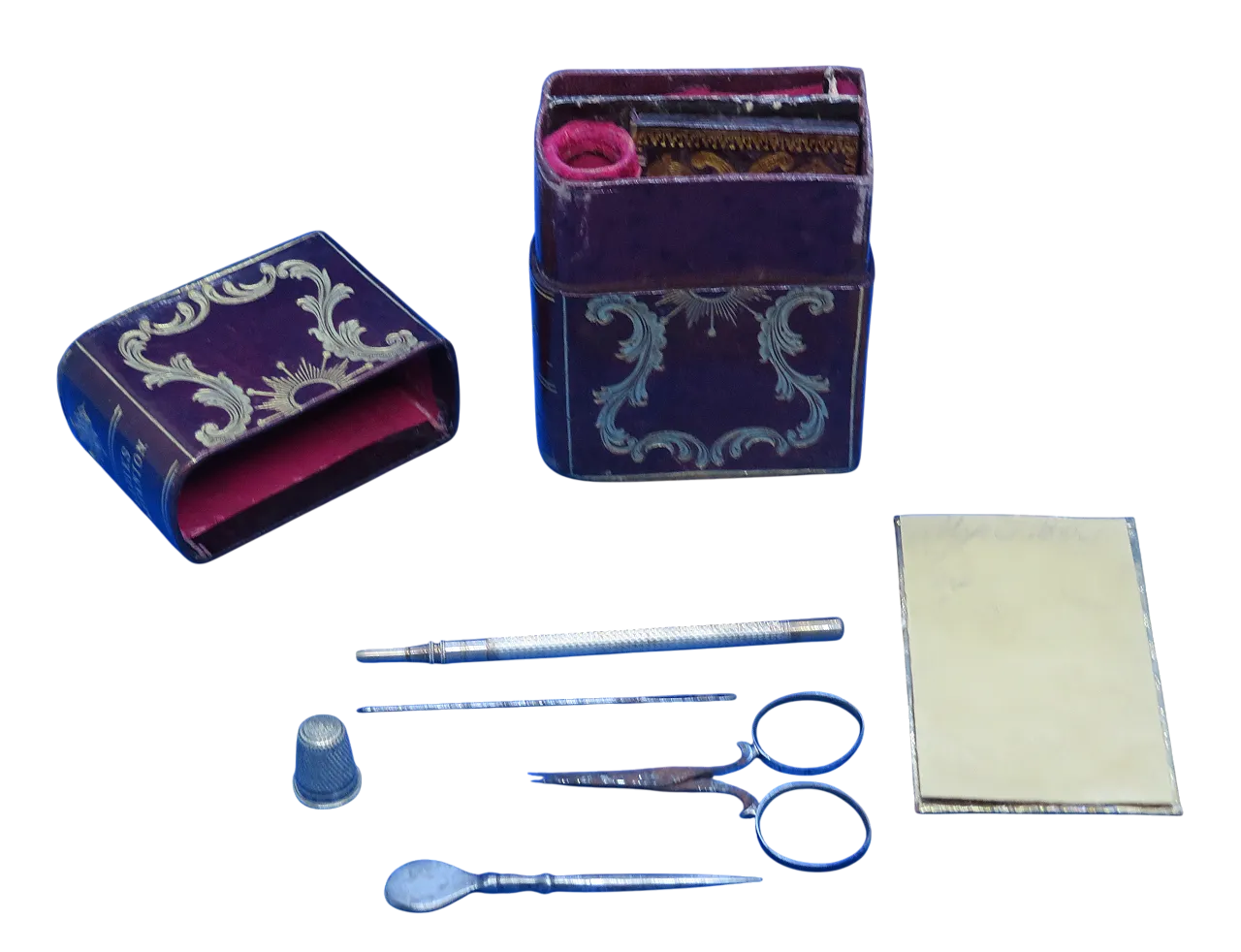 Tooled maroon leather sewing set, 19th century 14
