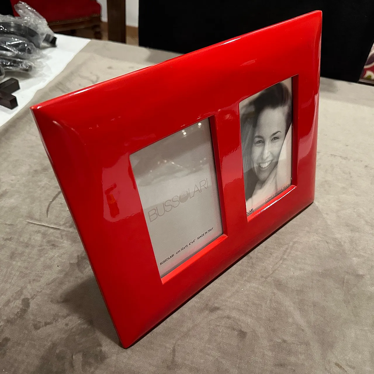 Red lacquered wooden double frame by Bussolari, 1990s 4