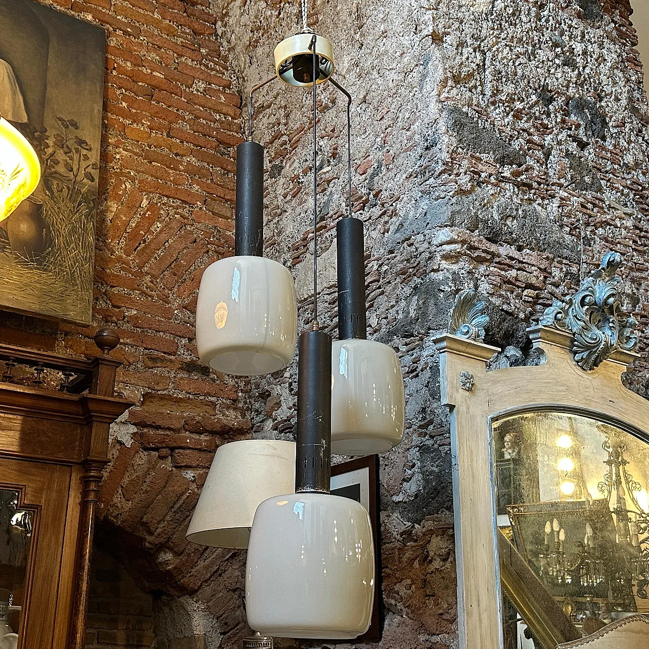 Grey opaline glass chandelier attributed to Stilnovo, 1960s 2