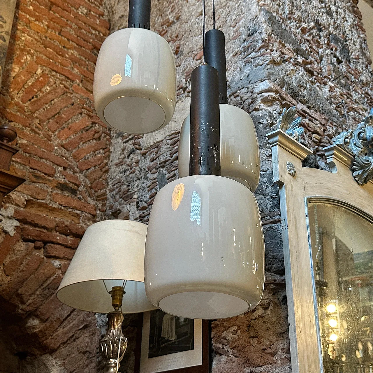 Grey opaline glass chandelier attributed to Stilnovo, 1960s 3