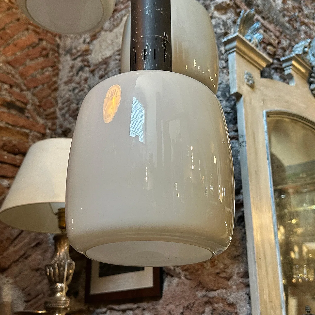 Grey opaline glass chandelier attributed to Stilnovo, 1960s 4