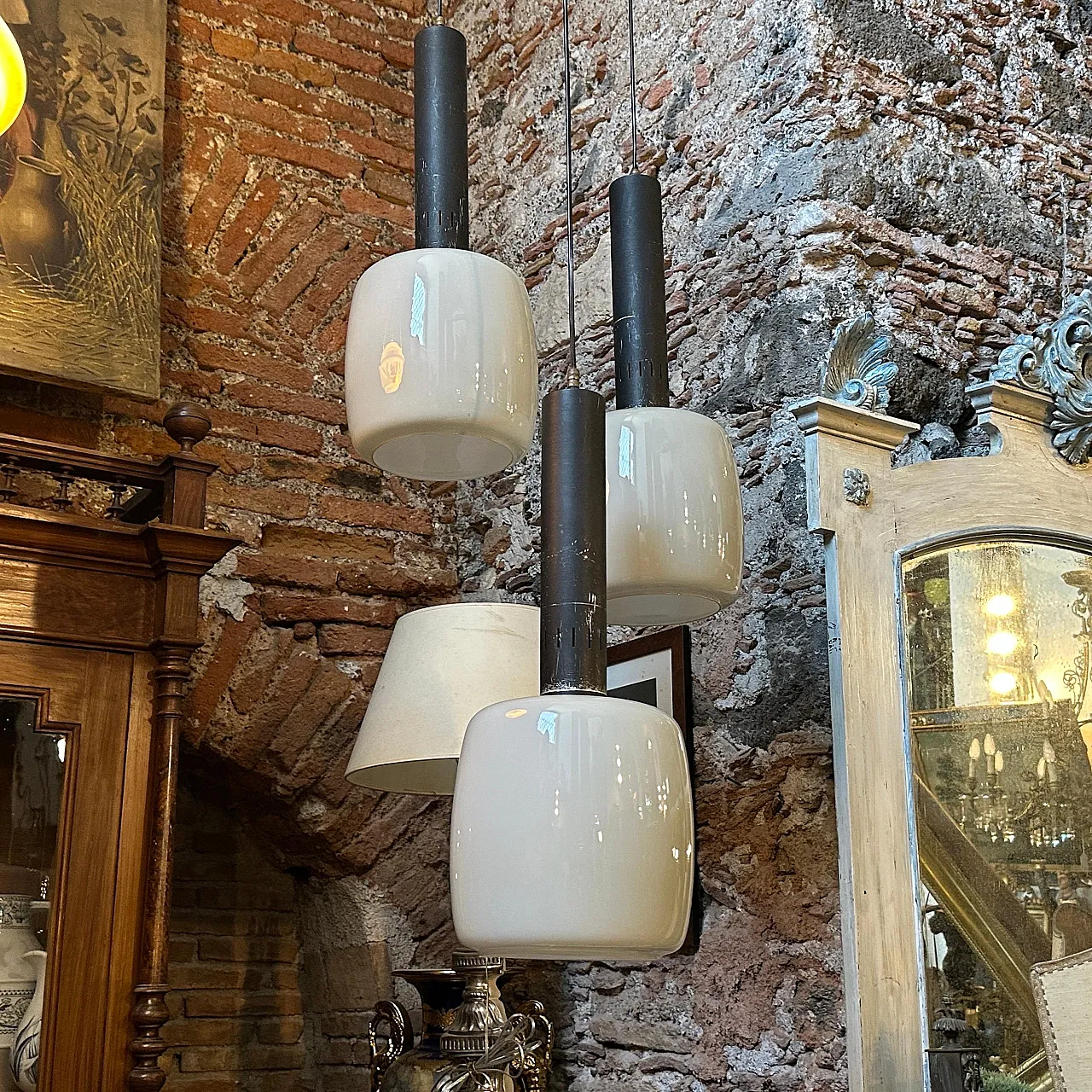 Grey opaline glass chandelier attributed to Stilnovo, 1960s 5