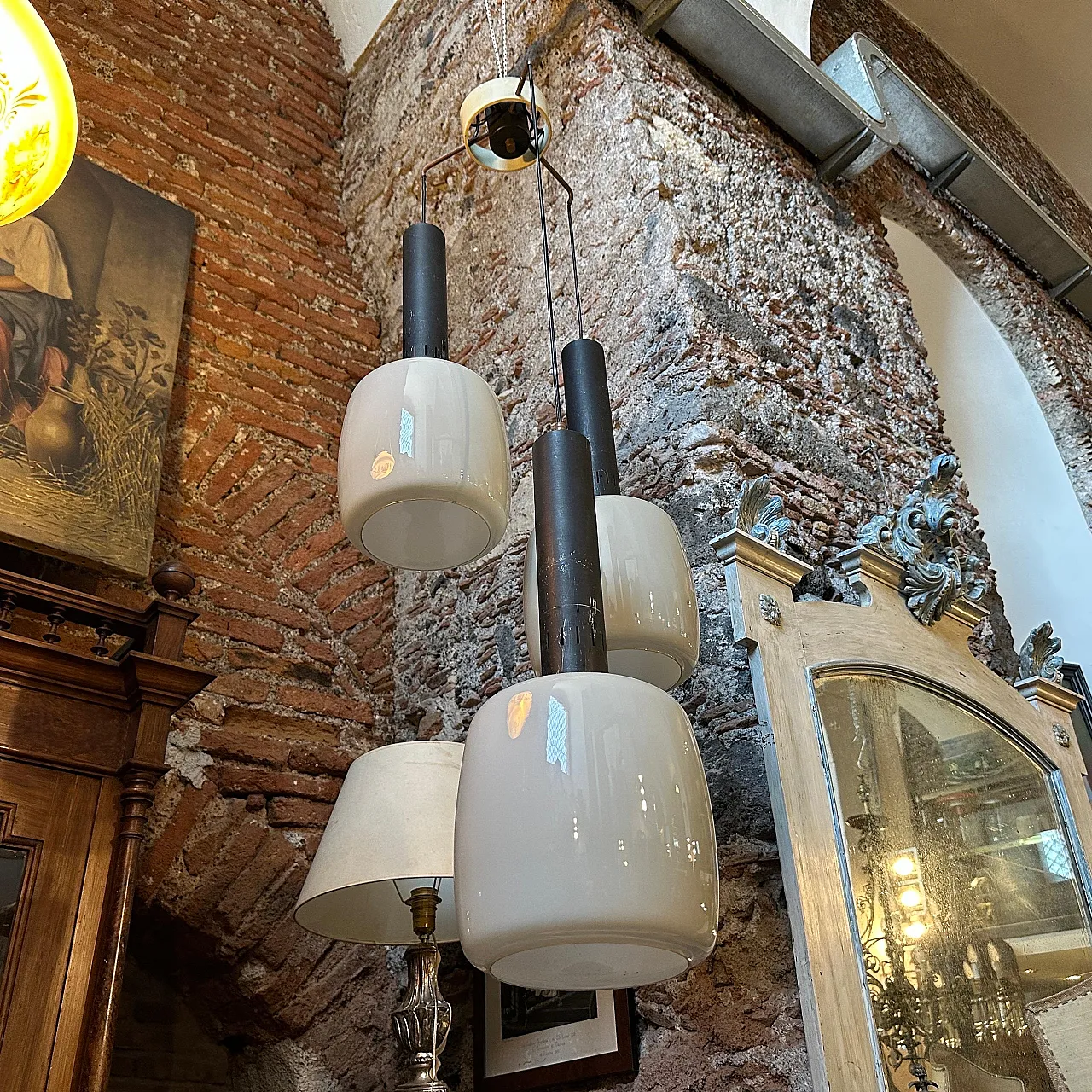 Grey opaline glass chandelier attributed to Stilnovo, 1960s 10