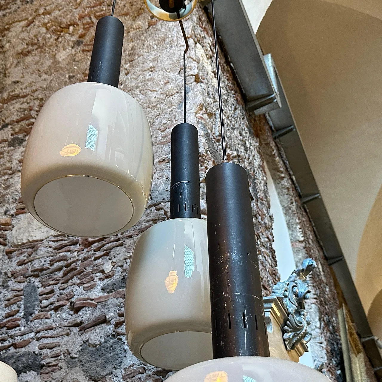 Grey opaline glass chandelier attributed to Stilnovo, 1960s 13