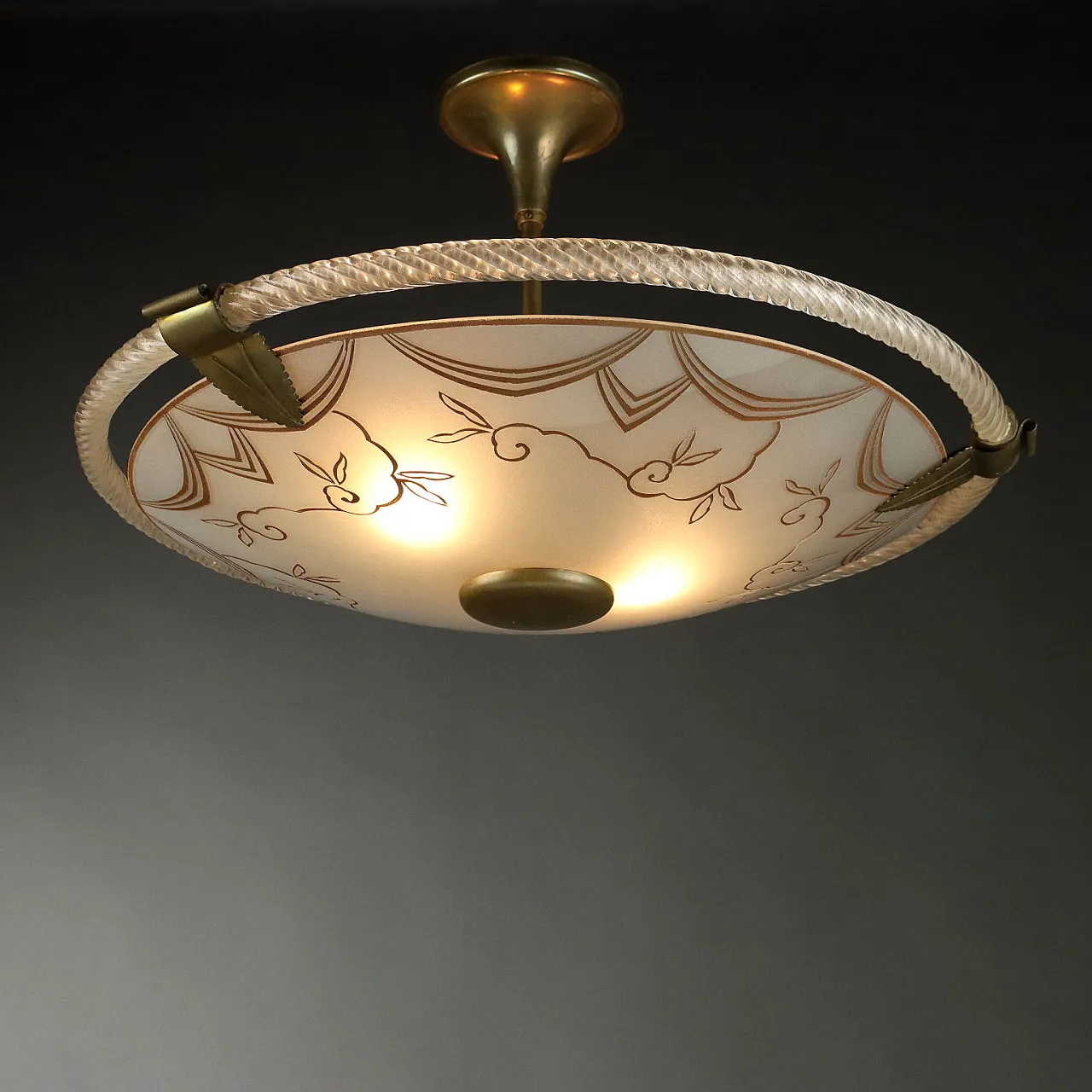 Ceiling lamp with etched & decorated glass plate & brass, 1950s 1