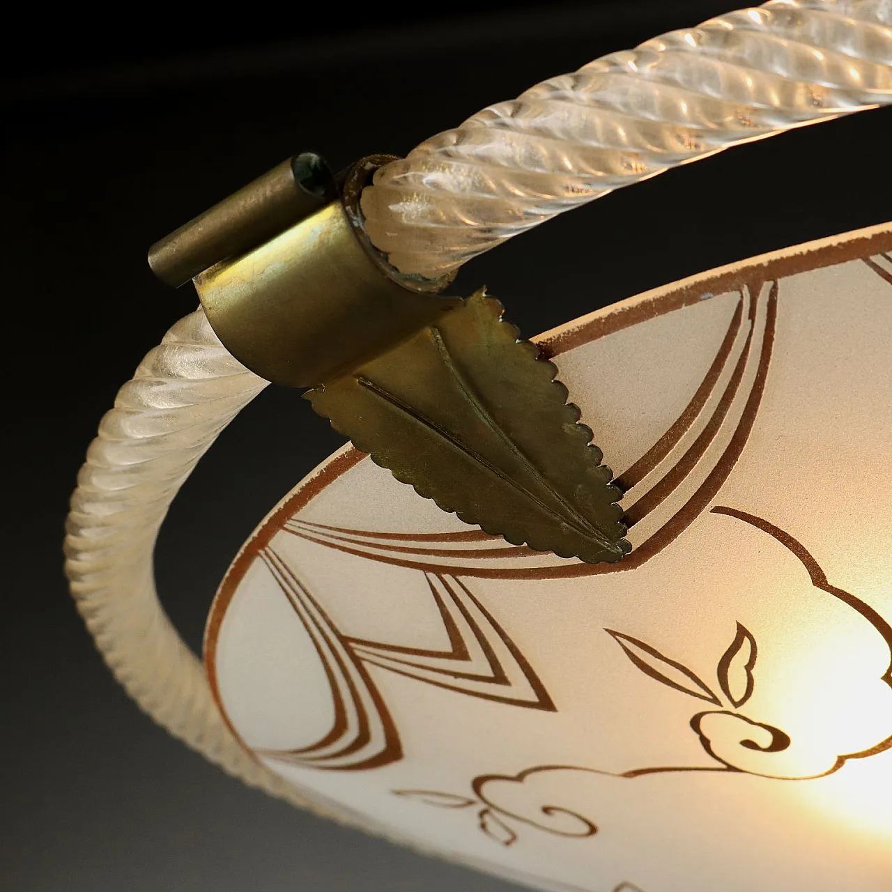 Ceiling lamp with etched & decorated glass plate & brass, 1950s 3