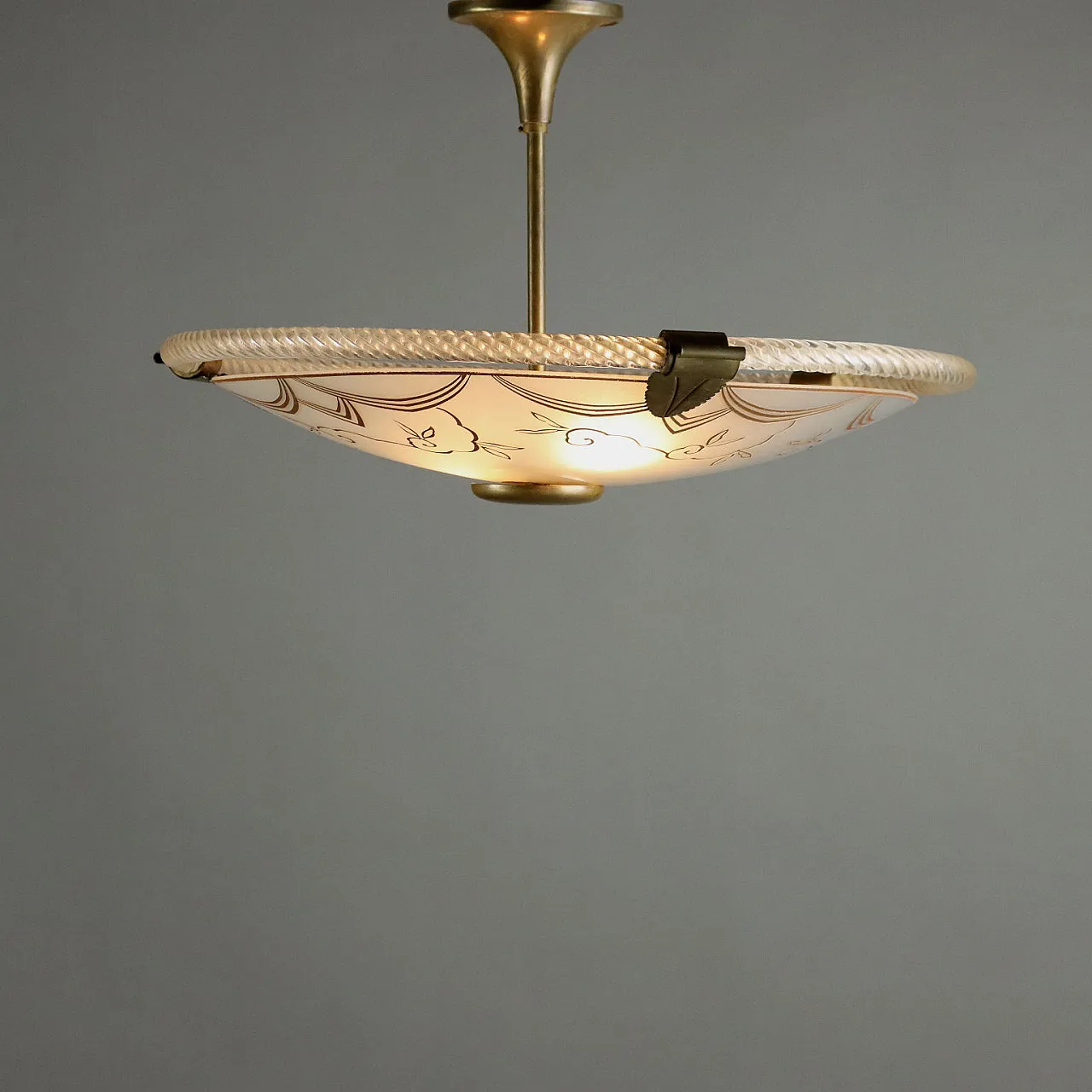 Ceiling lamp with etched & decorated glass plate & brass, 1950s 4
