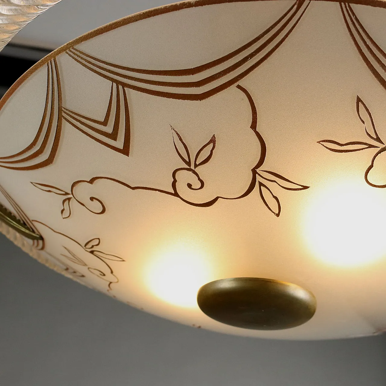Ceiling lamp with etched & decorated glass plate & brass, 1950s 5