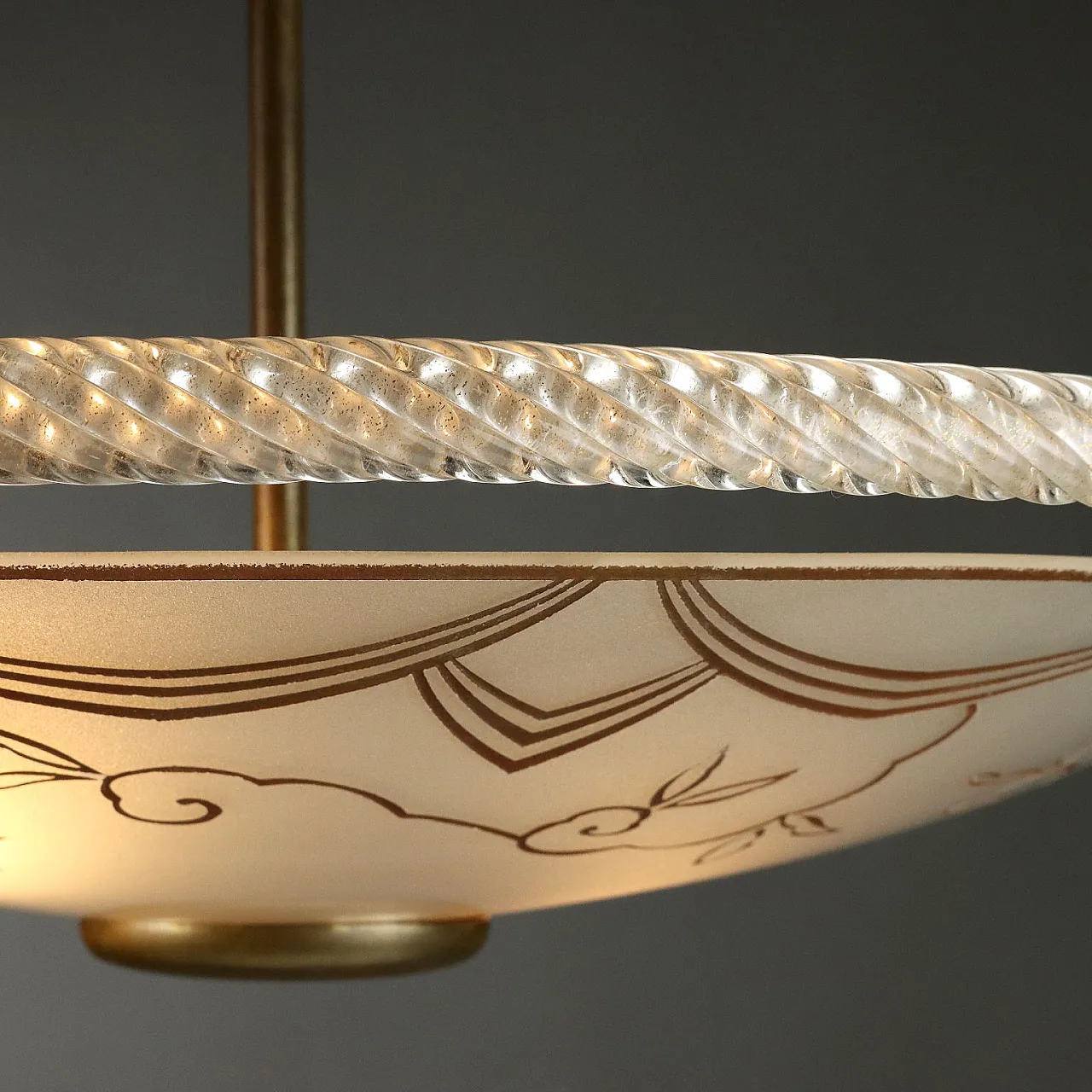 Ceiling lamp with etched & decorated glass plate & brass, 1950s 6