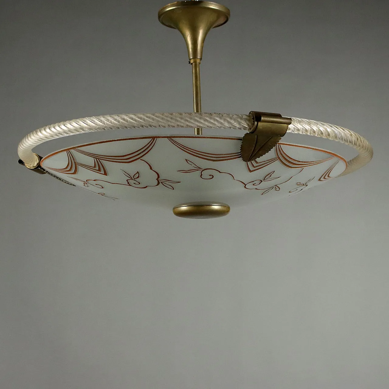 Ceiling lamp with etched & decorated glass plate & brass, 1950s 7