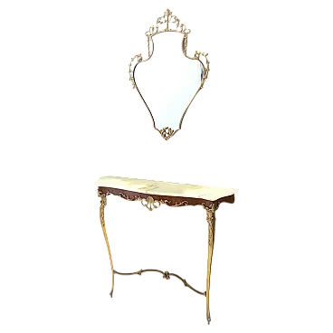 Specchio con consolle con piano in onice e cornice in ottone, anni '60