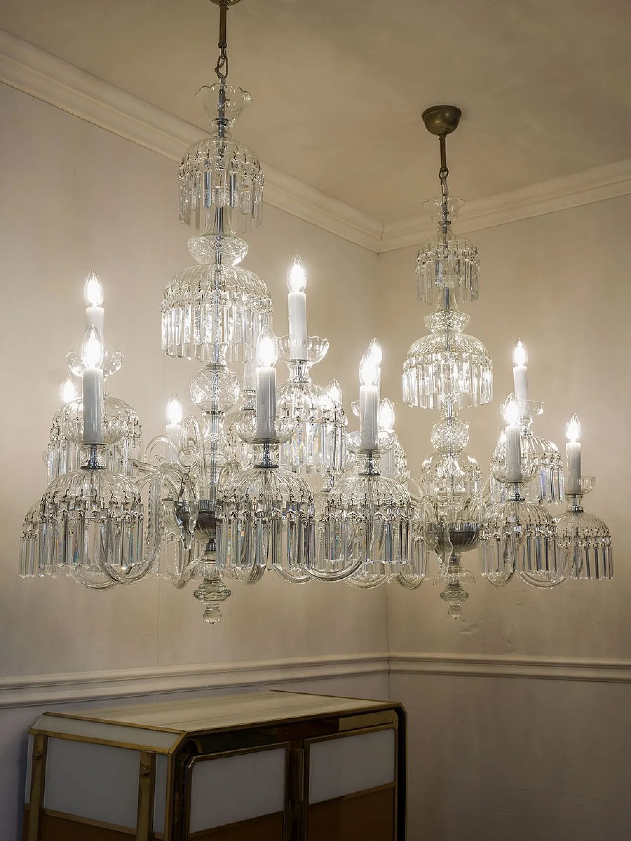 Pair of Bohemian crystal chandeliers with 9 lights, 1950s 2