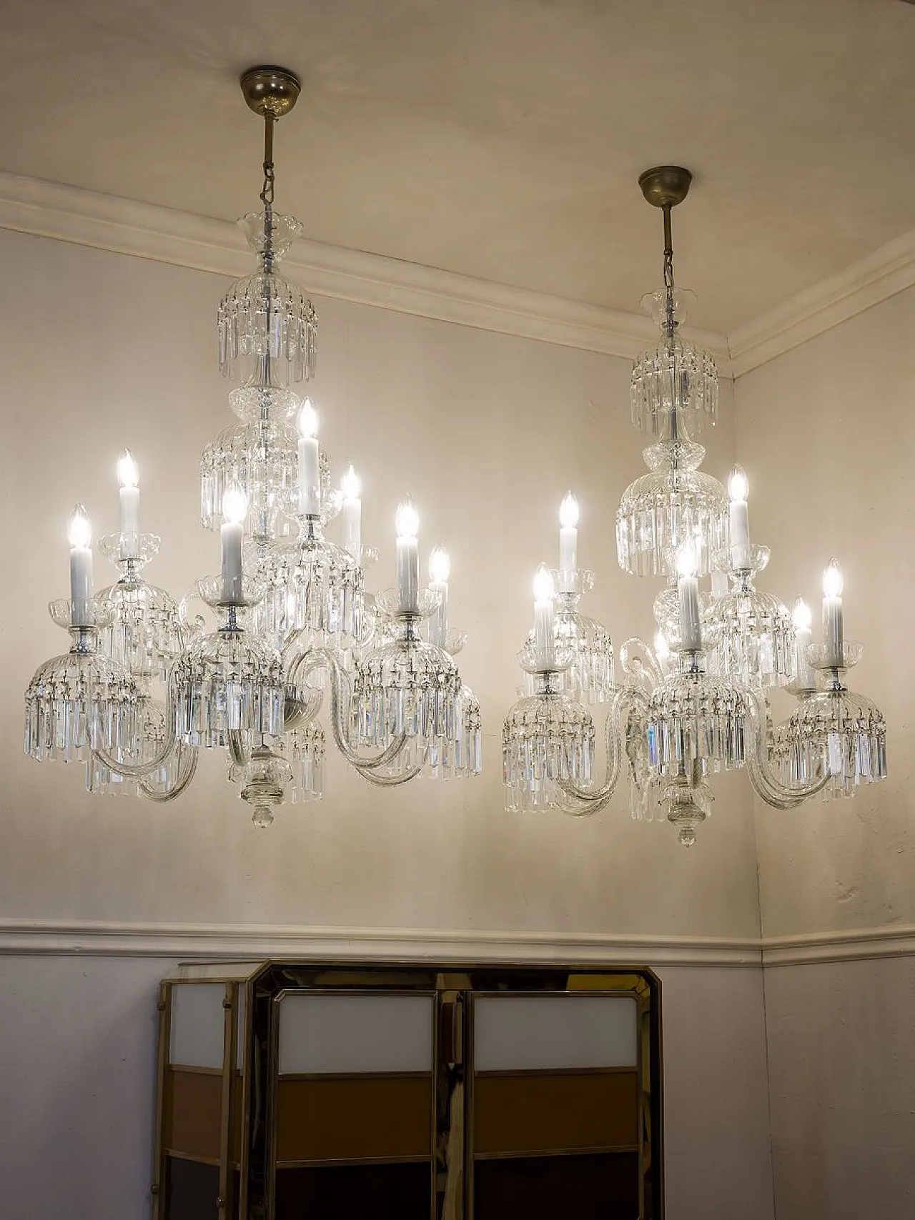 Pair of Bohemian crystal chandeliers with 9 lights, 1950s 3