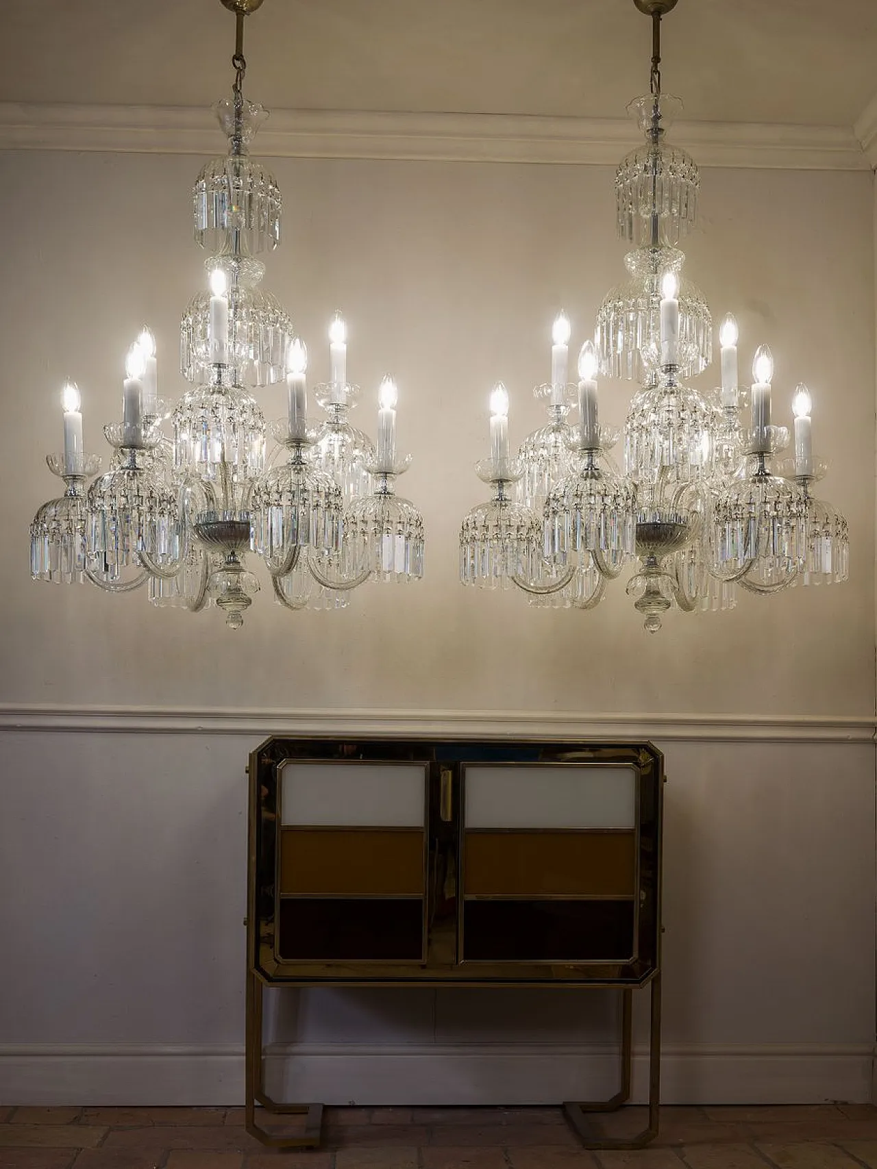 Pair of Bohemian crystal chandeliers with 9 lights, 1950s 4