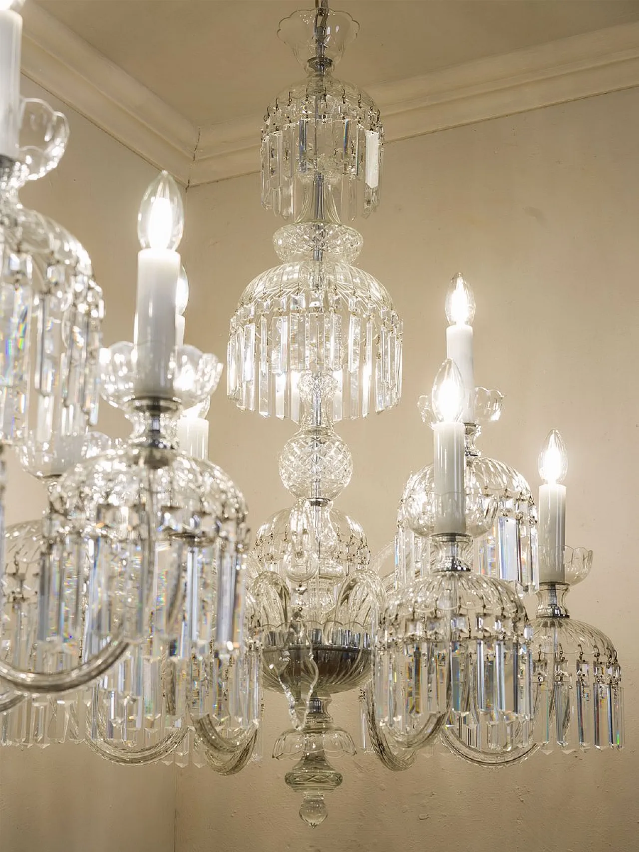 Pair of Bohemian crystal chandeliers with 9 lights, 1950s 5