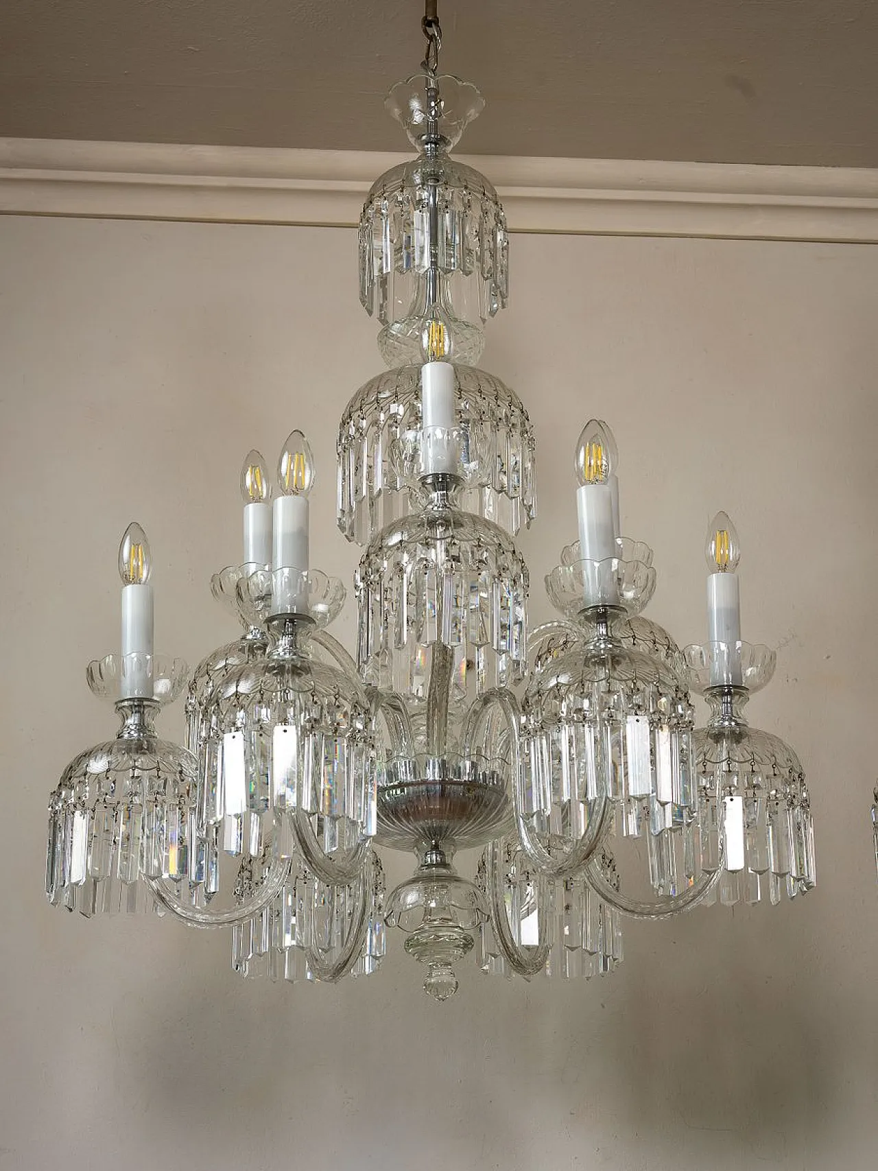 Pair of Bohemian crystal chandeliers with 9 lights, 1950s 6