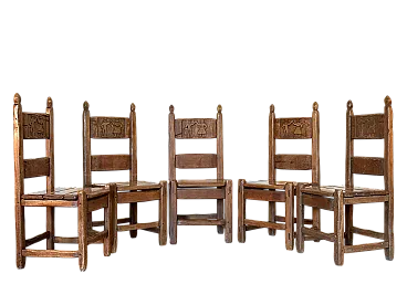 5 Dining chairs in oak wood in rustic style, 1970s