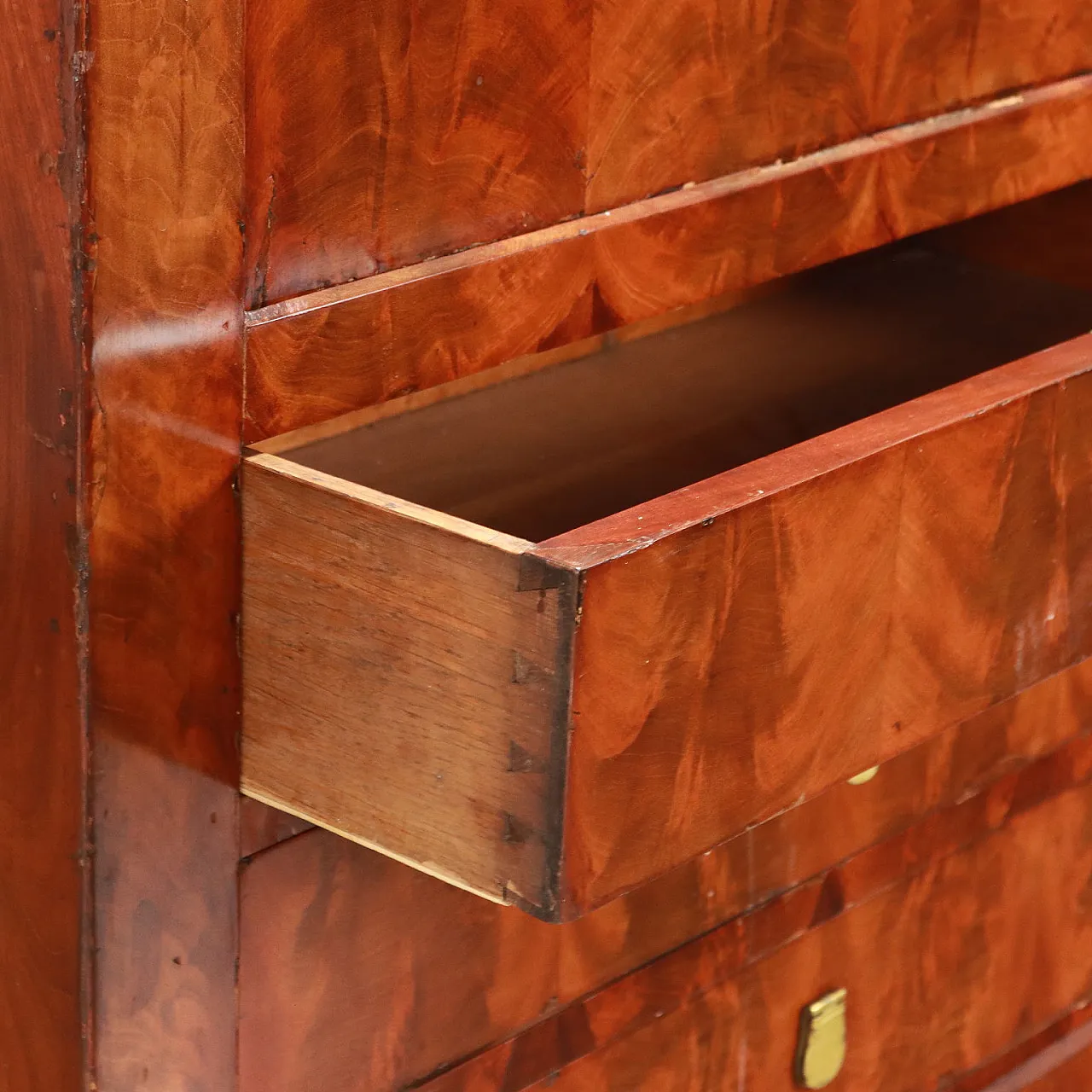 Secrétaire Carlo X lastronato in mogano e piuma di mogano, secondo quarto '800 9