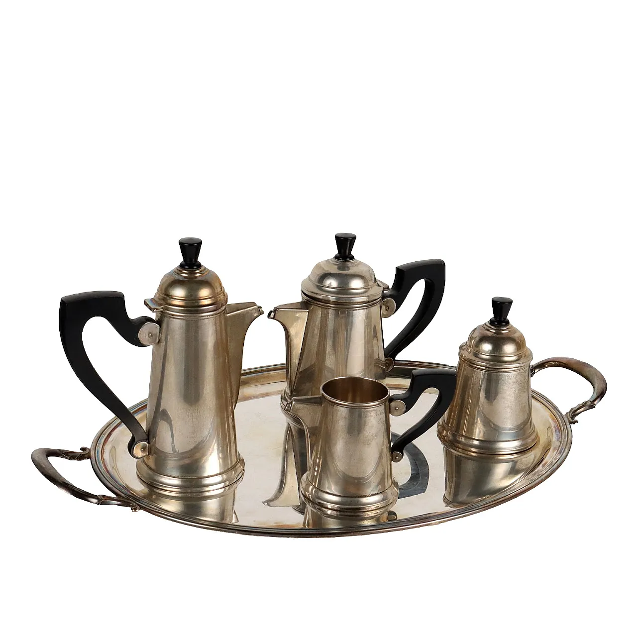 Servizio da caffè e tè in argento di Greggio Rino e vassoio di Schiavon Angelo, anni '50 1