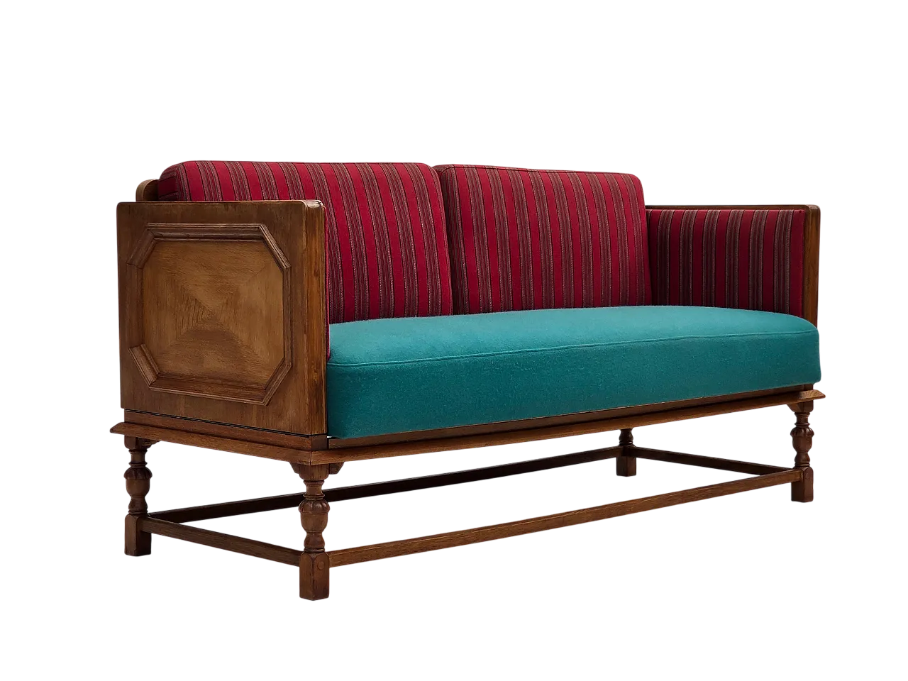 Danish 2-seater drop-leaf sofa in wool and oak wood, 1950s 26