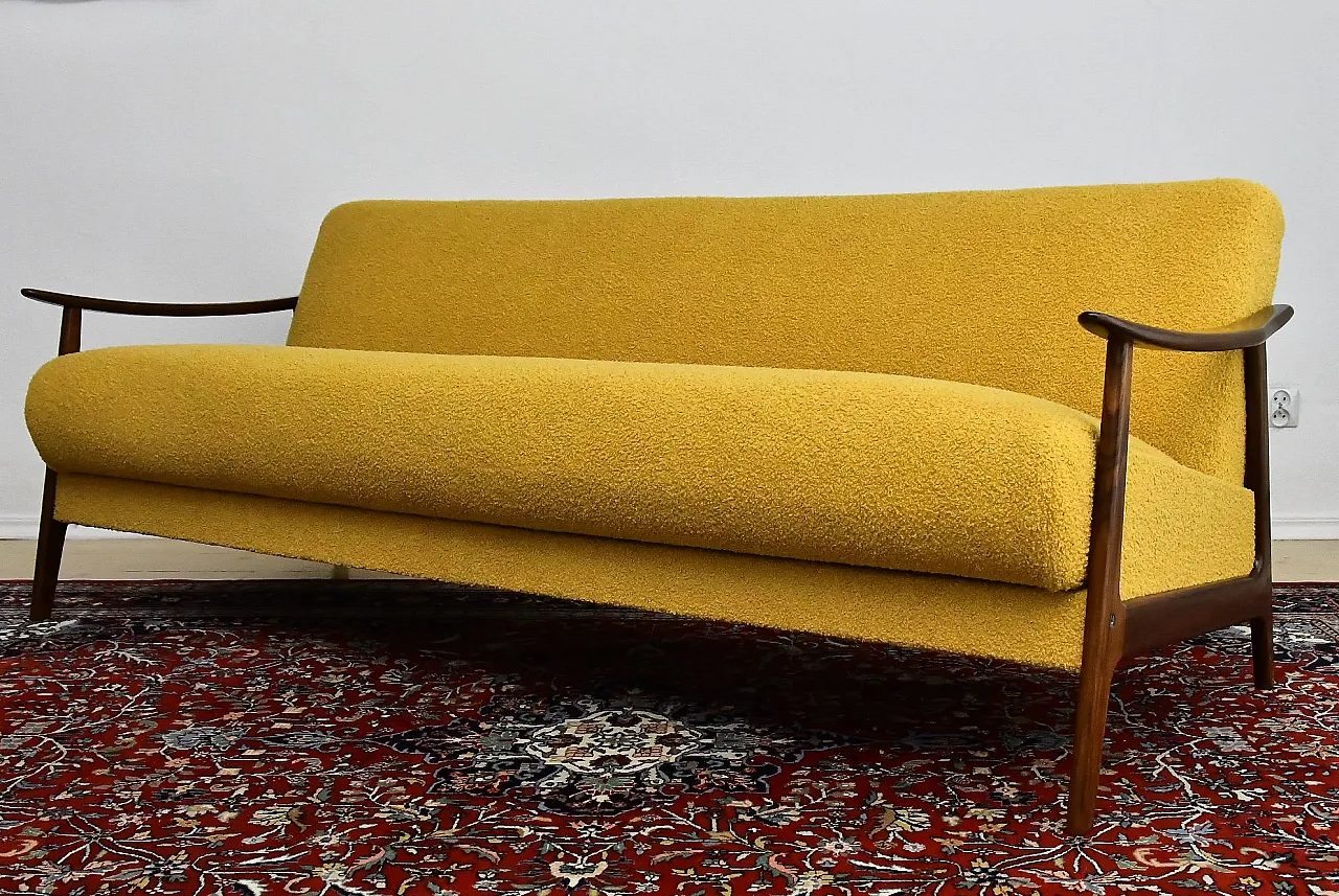 Scandinavian foldable Teak sofa in yellow Bouclé, 1960s 1