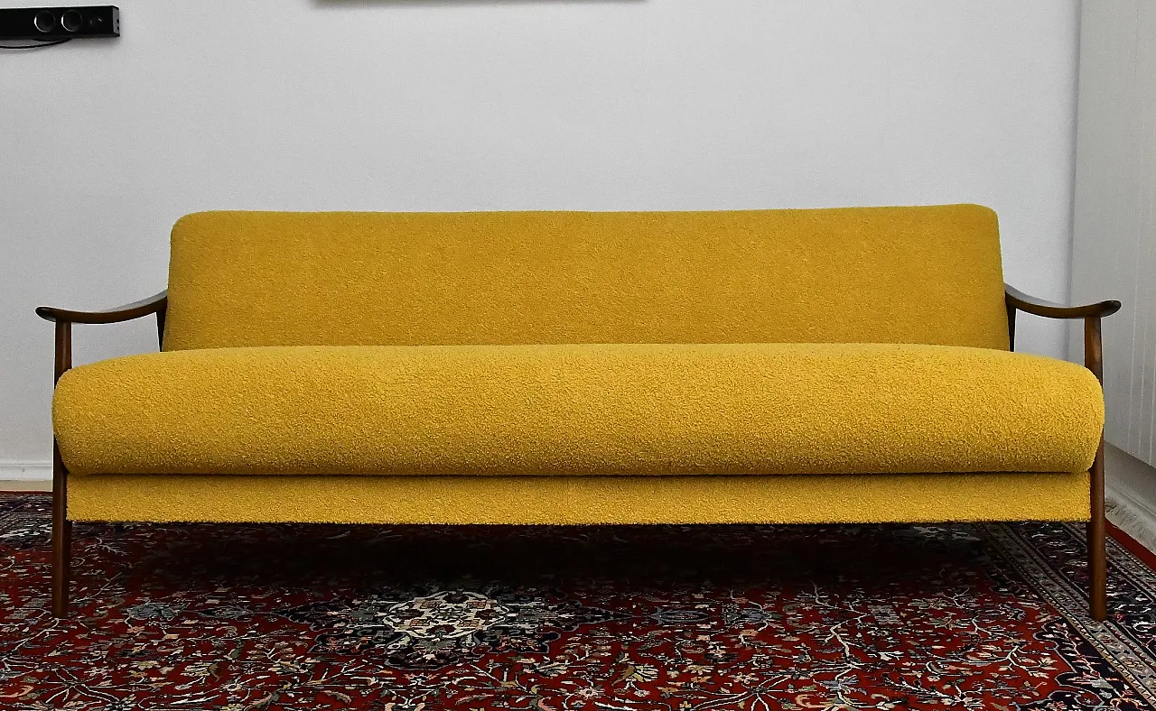 Scandinavian foldable Teak sofa in yellow Bouclé, 1960s 2