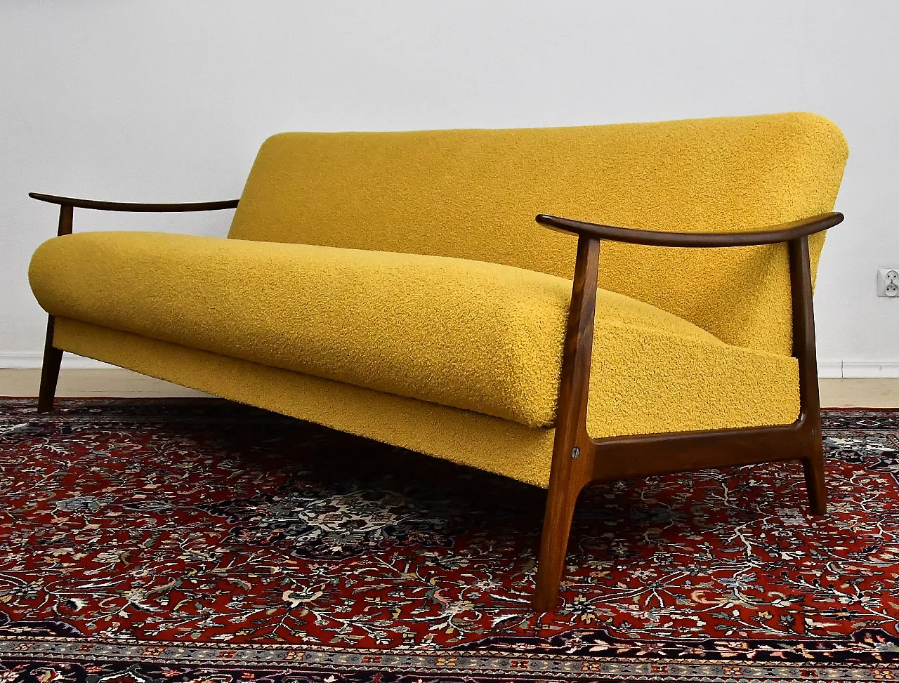 Scandinavian foldable Teak sofa in yellow Bouclé, 1960s 5
