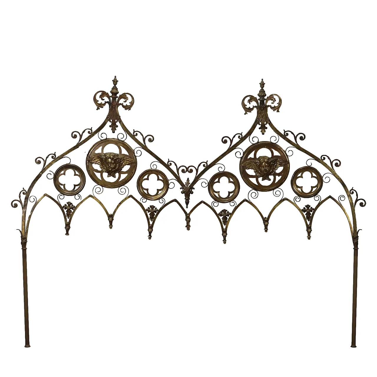 Testata di letto Neogotica in ottone e bronzo scolpito, fine '800 1
