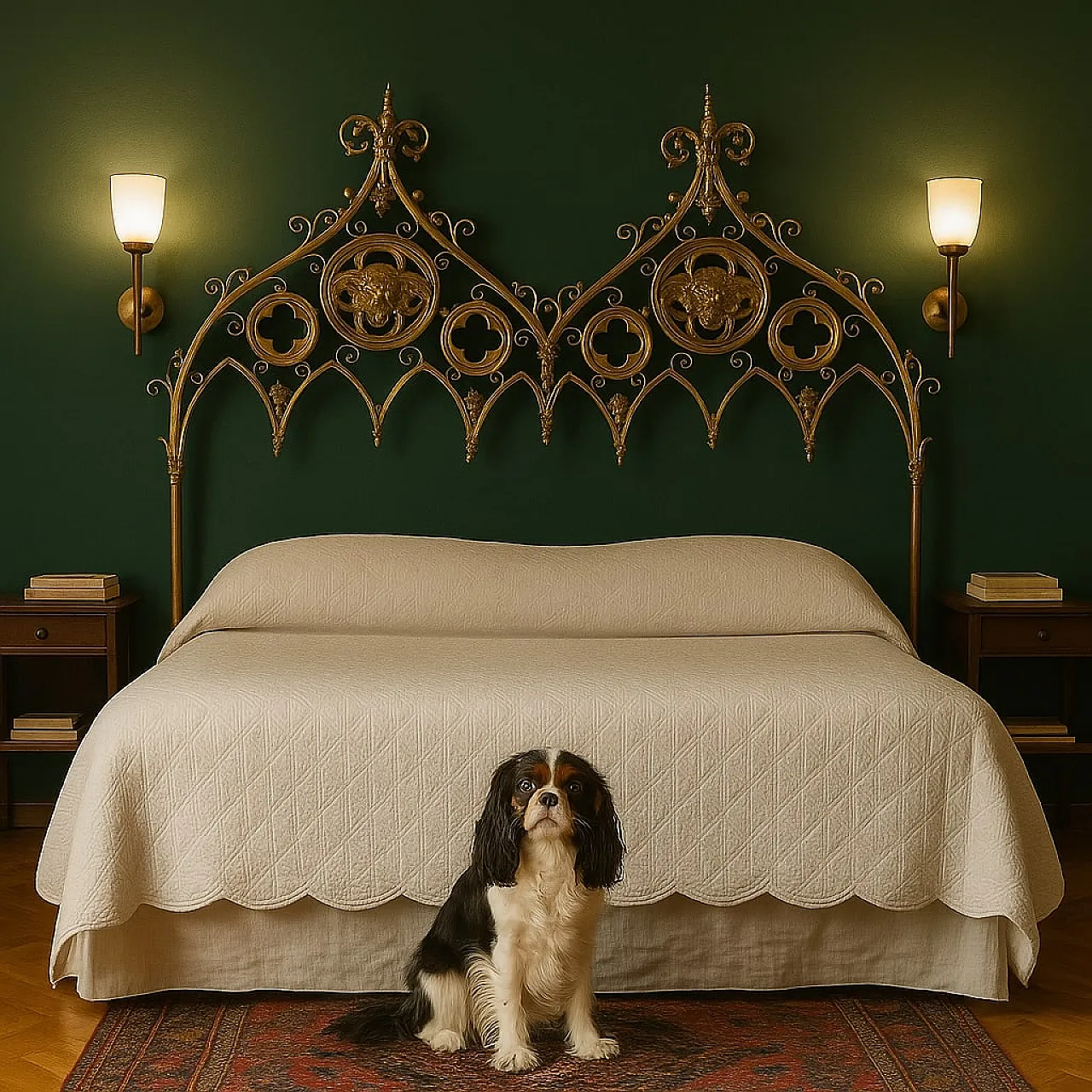 Testata di letto Neogotica in ottone e bronzo scolpito, fine '800 2