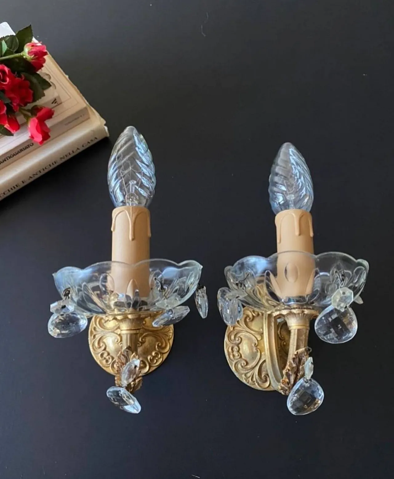 Pair of wall sconces in brass and crystal, 20th century 2