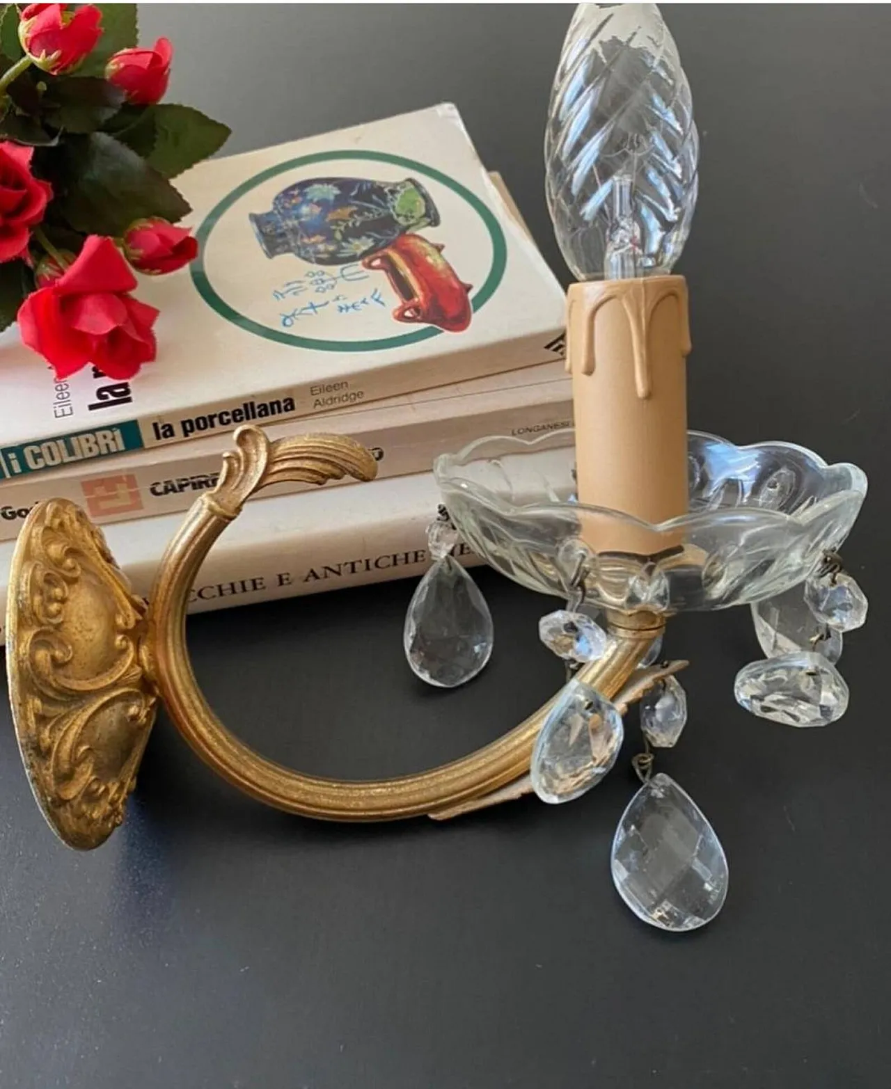 Pair of wall sconces in brass and crystal, 20th century 5