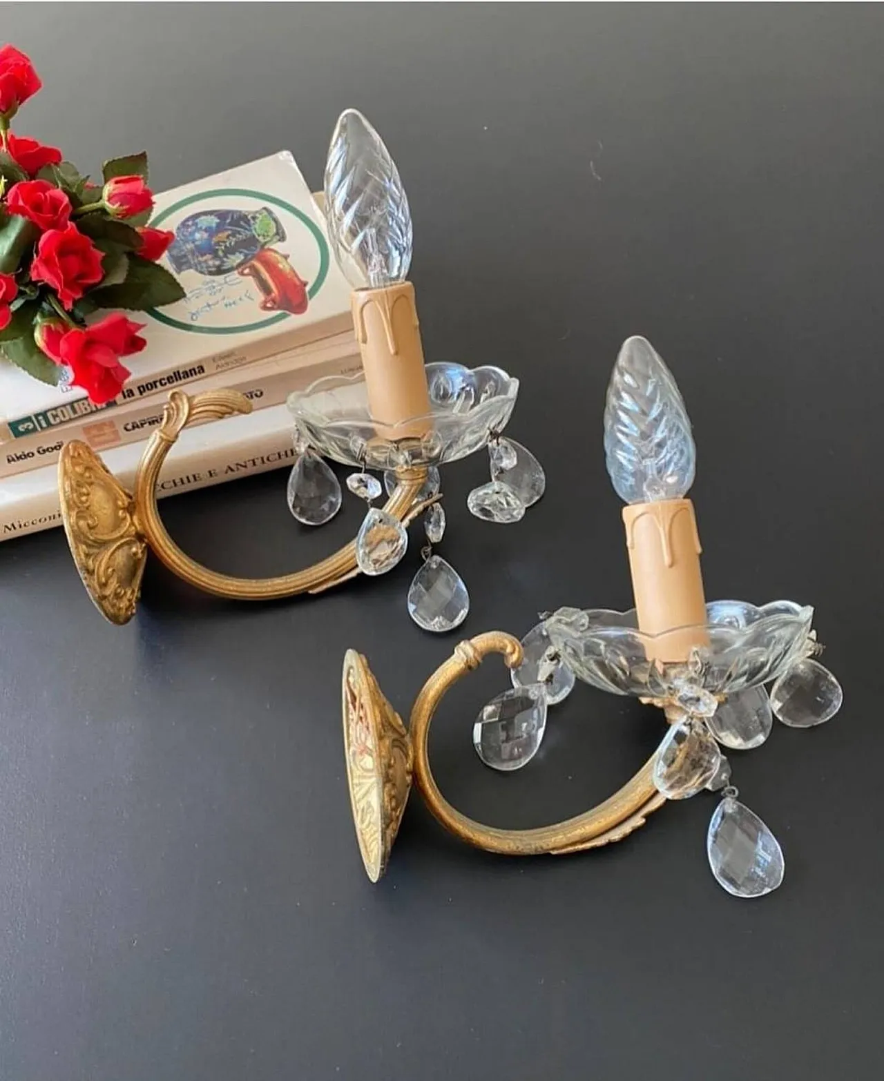 Pair of wall sconces in brass and crystal, 20th century 8