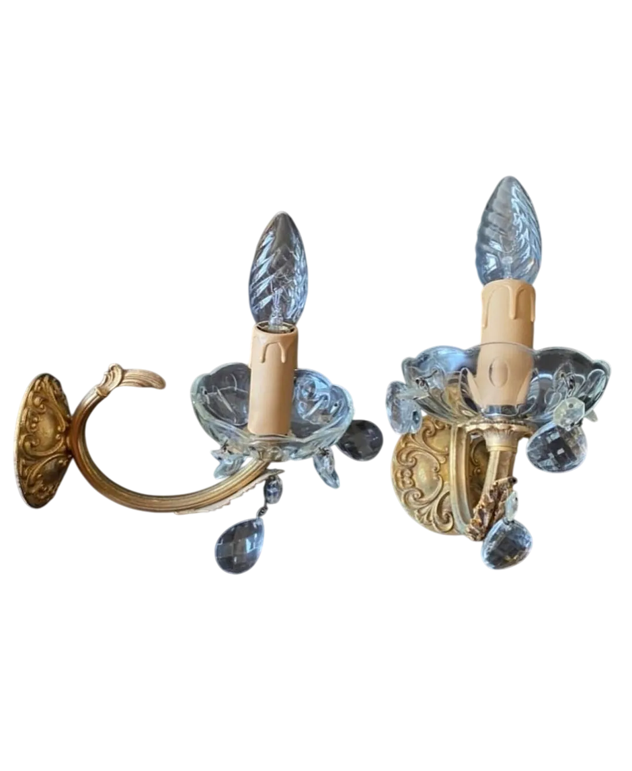 Pair of wall sconces in brass and crystal, 20th century 11