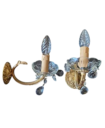 Pair of wall sconces in brass and crystal, 20th century